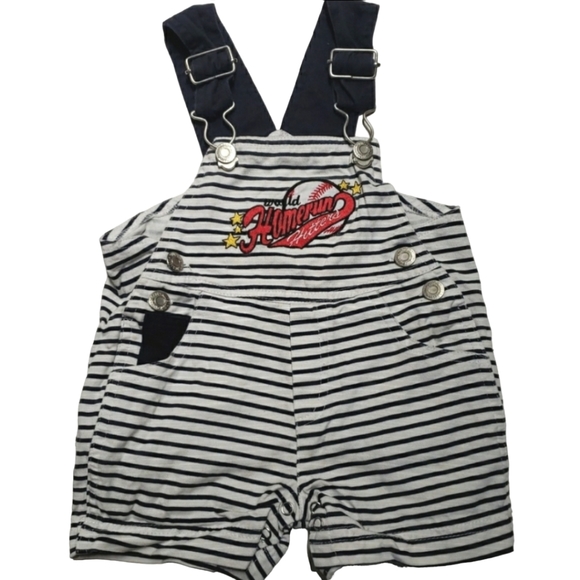 3/$20 Vintage cotton striped shortalls overalls sz 3 to 6 months unisex baseball - Picture 1 of 8